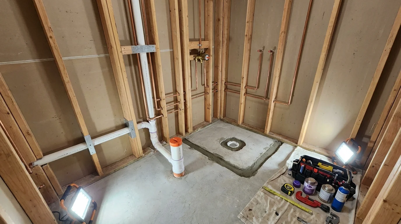 Bathroom rough-in plumbing during remodel by Johns Plumbing LLC in West Tisbury