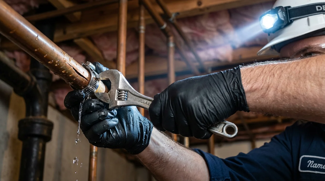 Emergency pipe clamp repair being performed by a Johns Plumbing LLC plumber in West Tisbury