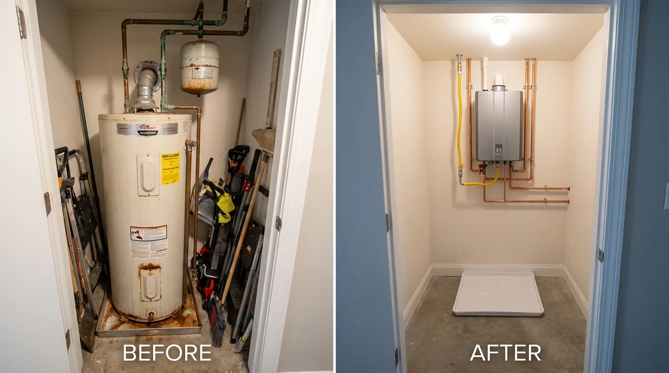 Tank water heater versus wall-mounted tankless unit comparison for West Tisbury, MA homeowners