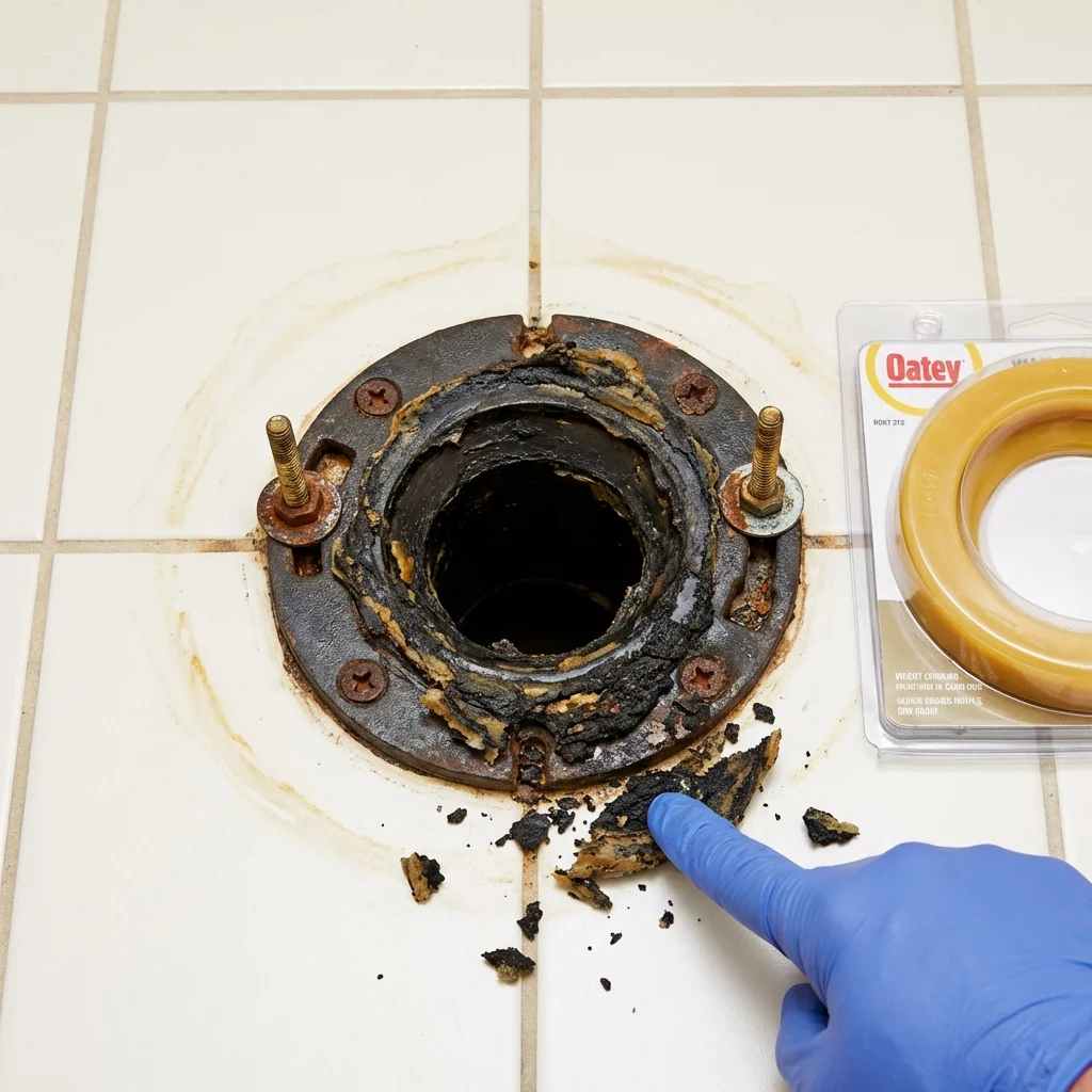 Failed wax ring showing water seepage at the base of a toilet in a West Tisbury, MA home