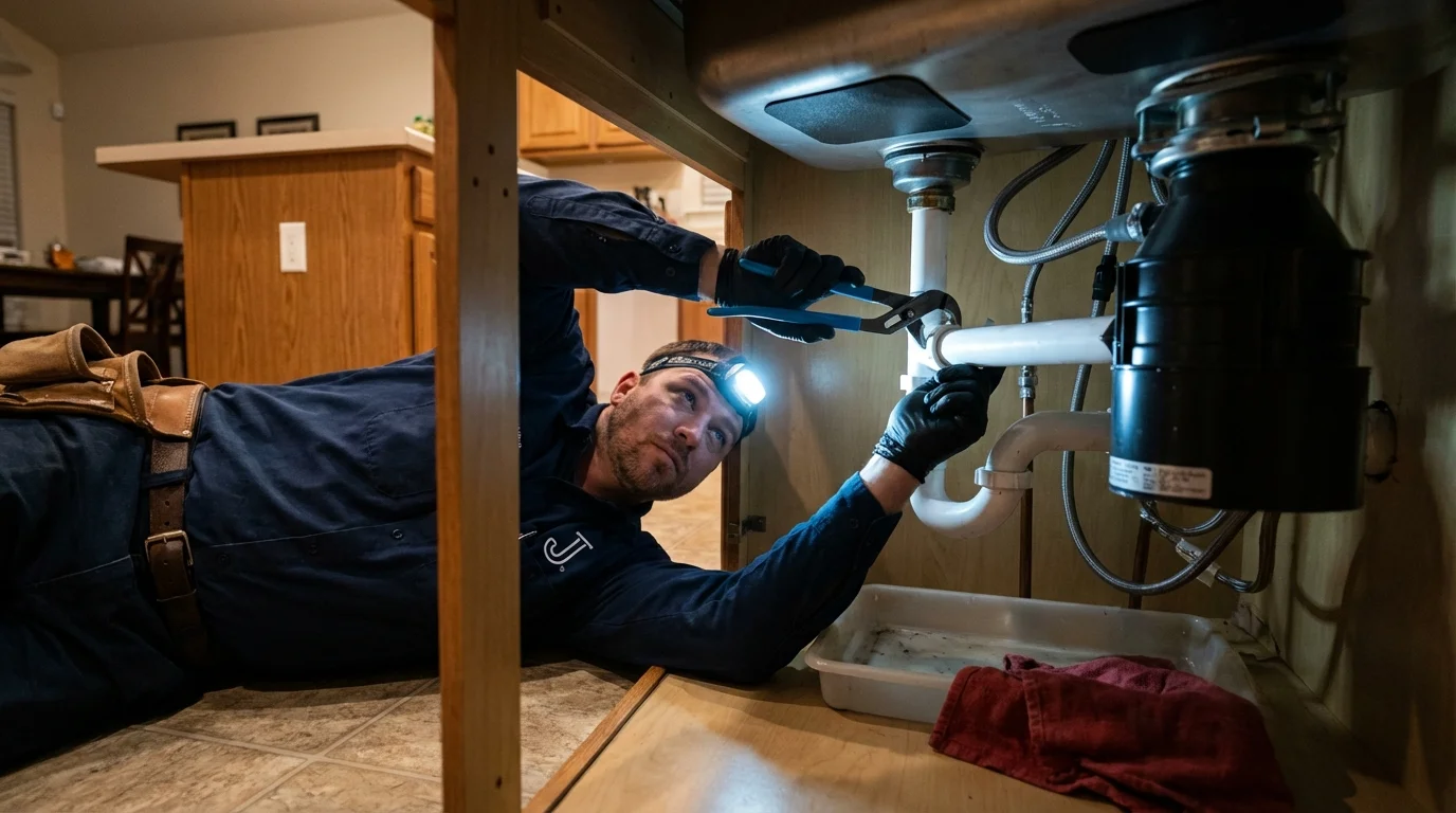 P-trap and supply line connections under a kitchen sink showing a common leak point in West Tisbury, MA